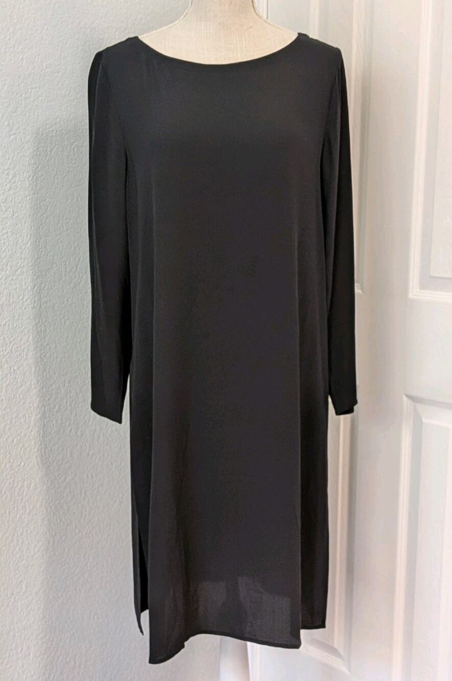 Eileen Fisher Black Washable Crepe Long Sleeve Boat Neck Shift Tunic Dress Small